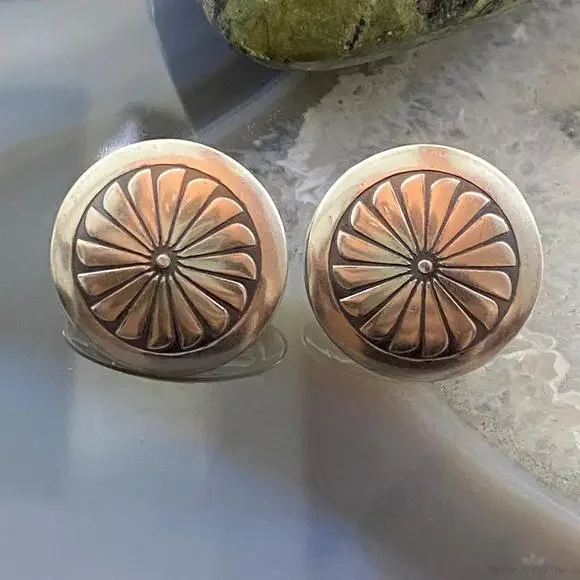 Native American Sterling Silver Round Stamped Concho Stud Earrings For Women #2 - Picture 2 of 10